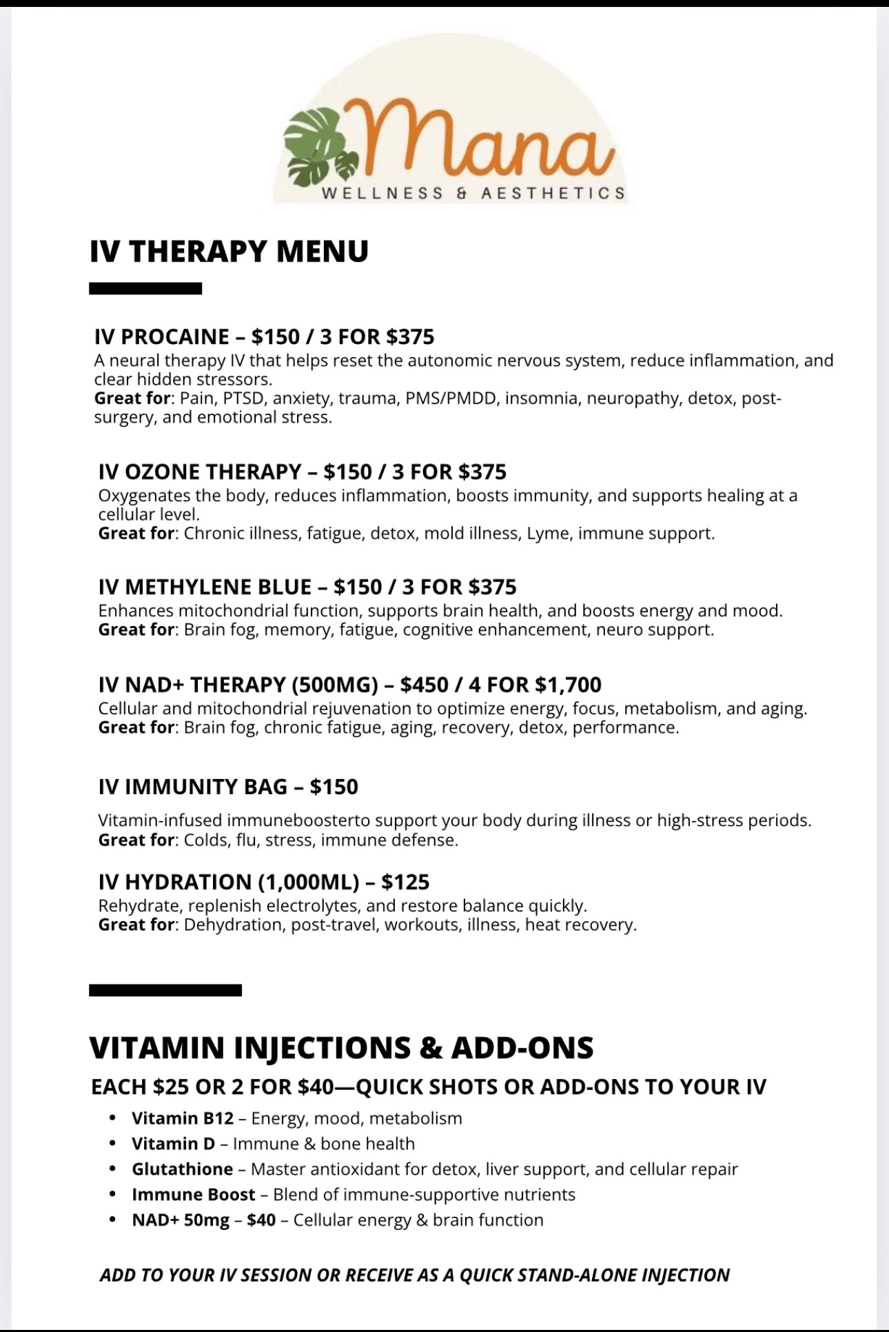 IV Therapy Menu